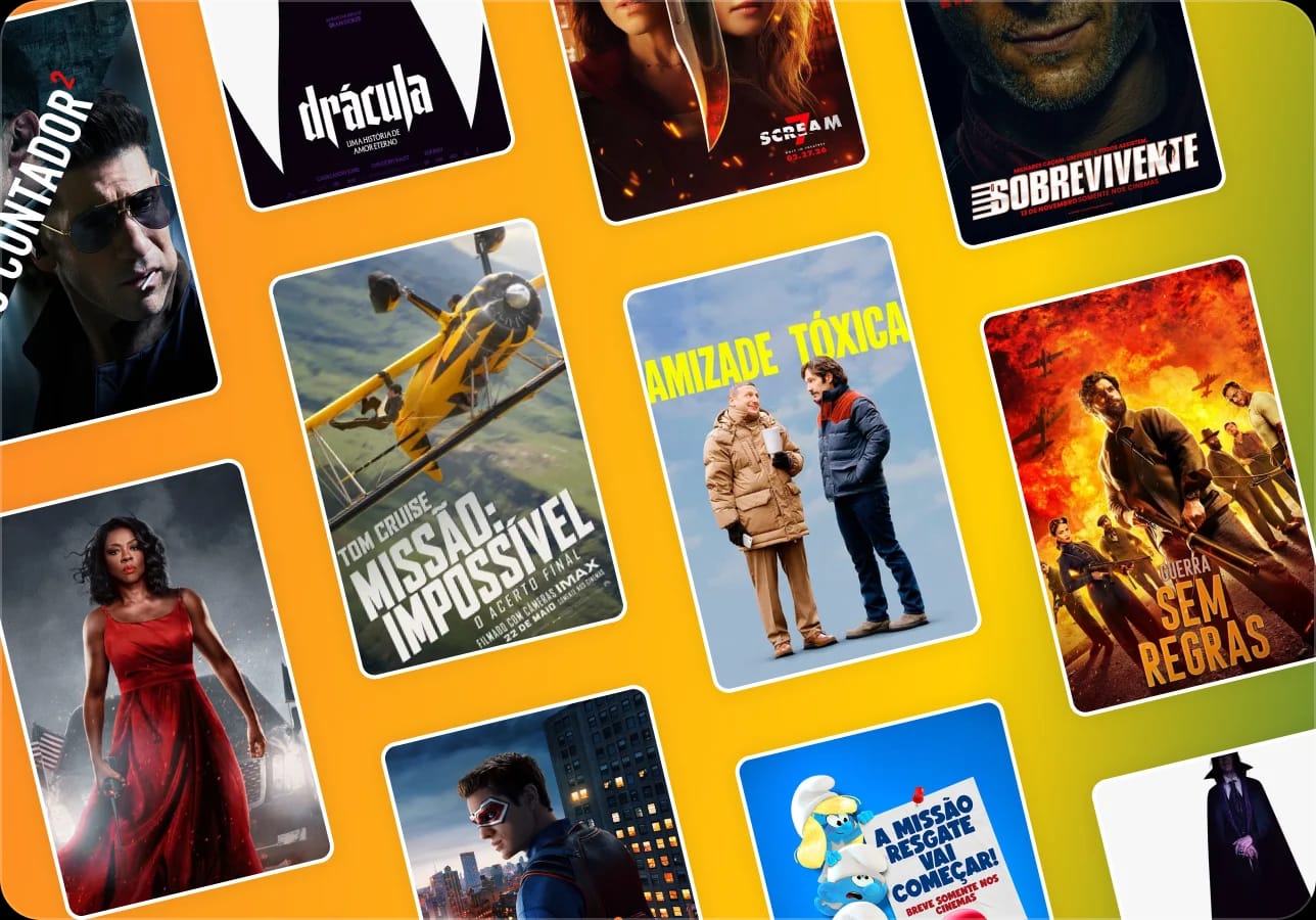 Mosaico de cartazes dos filmes disponíveis no Mil Play